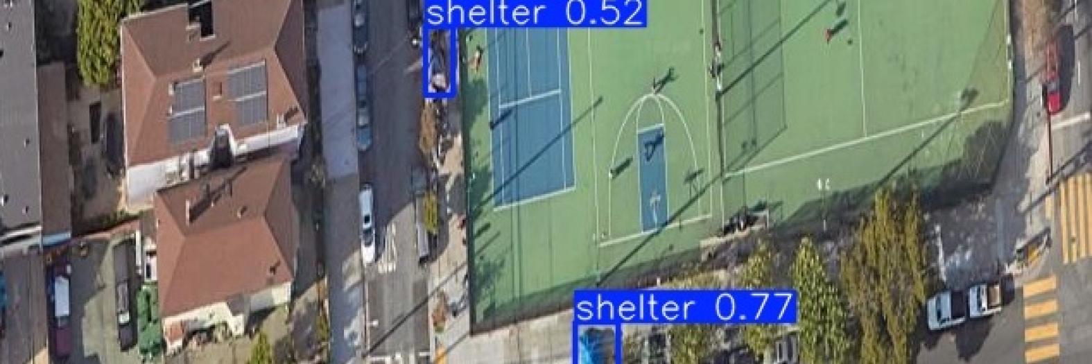 An aerial image of a city block showing two labeled shelters.