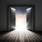 An AI generated image of double doors opening to reveal blue and clouds, with light pouring in.