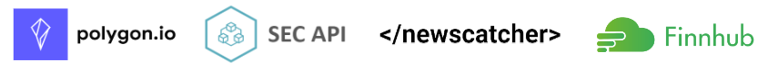 dataset logos for polygon.io, SEC API, Newscatcher, and Finnhub