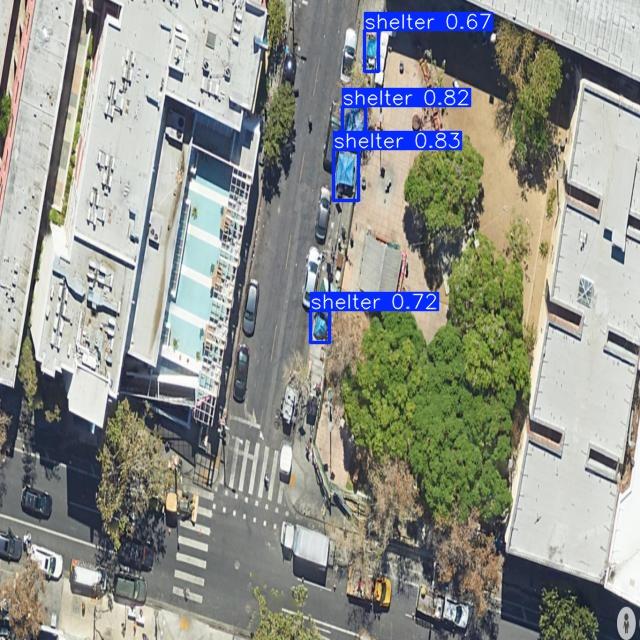 An aerial image of a city block showing four labeled shelters.