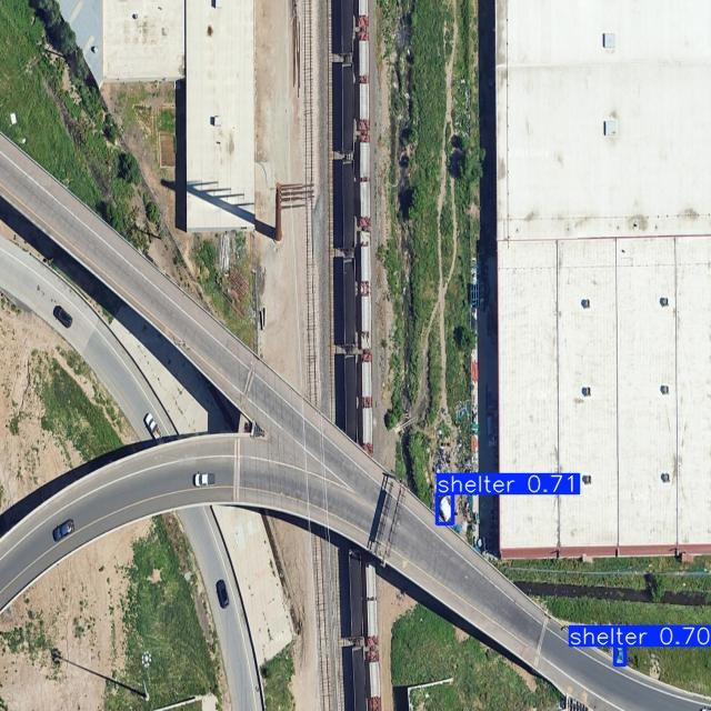 An aerial image of a highway and surrounding areas showing two labeled shelters.