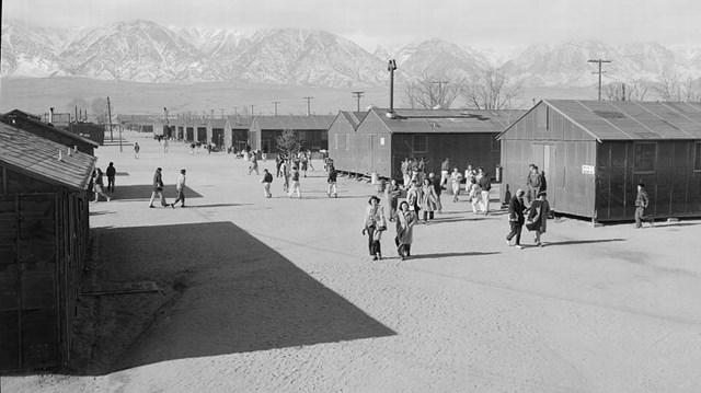 black and white photo of a Japanese American Confinement Site