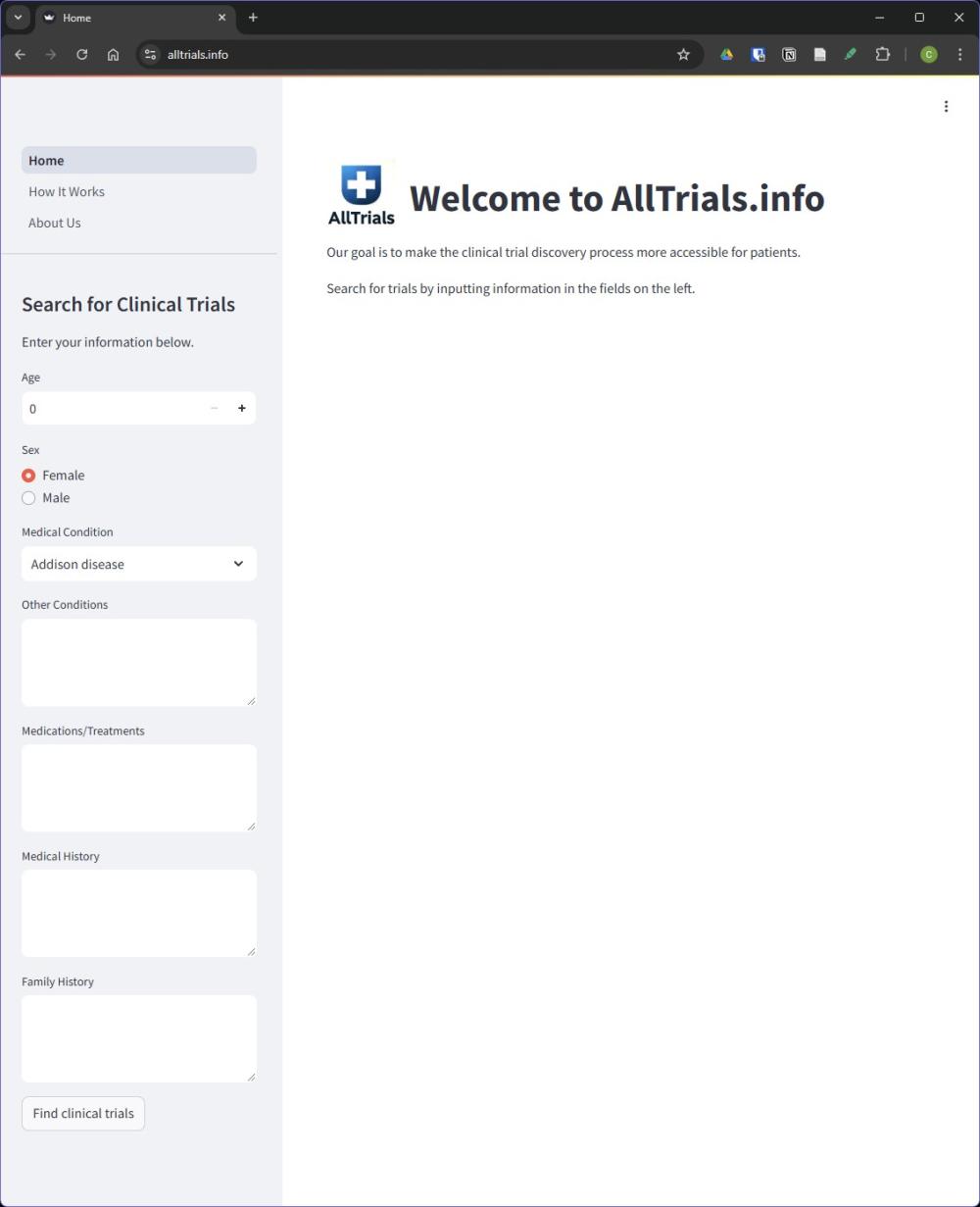 AllTrials.info website prior to patient data input
