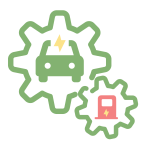 Gears project icon: two green gears with an electric vehicle and an charging station