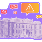 A purple-wash image of a vintage South Hall set against a bright purple background with hand drawn red and orange safety and warning icons floating above the building in speech bubbles. 