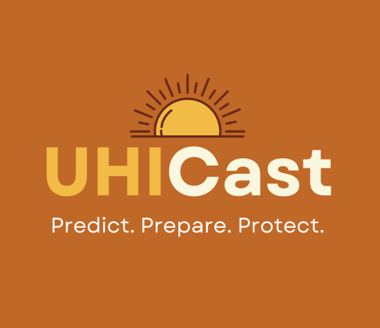 Logo for UHICast with a sun icon above the text. The text reads 'UHICast' in large font and 'Predict. Prepare. Protect.' in smaller font below. The logo features a warm, earthy brown background.