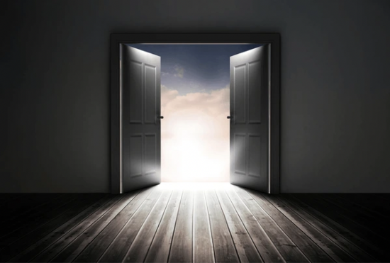 An AI generated image of double doors opening to reveal blue and clouds, with light pouring in.