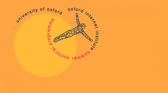 logo for OII SDP - orange background with a figure floating with the word University of Oxford Internet Institute Summer Doctoral Program