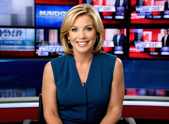 “A photo of a trusted middle-aged female news anchor sitting at a news desk,” image generated by Stable Diffusion on August 27, 2023.