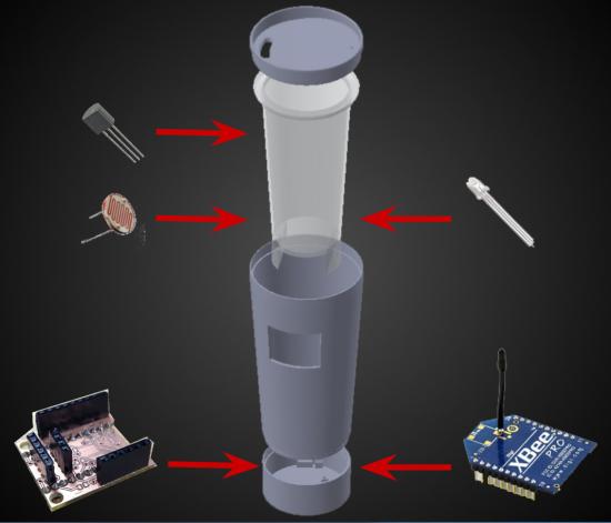 The cup includes a temperature sensor, LED, photoreceptor, weight sensor, and mini-circuit board with a wireless transmitter